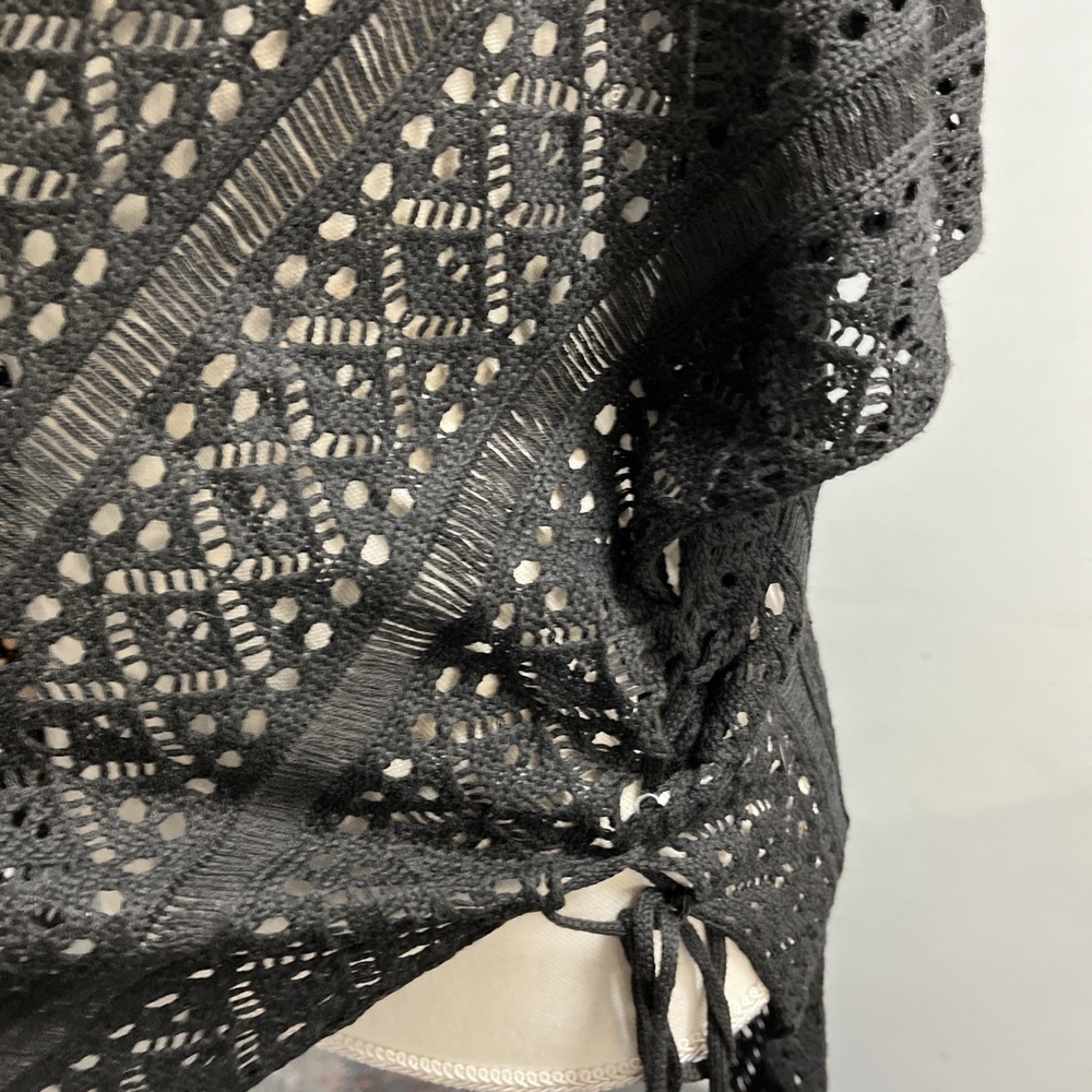 Black Open Knit Poncho Asymmetrical Tie Sides Dark Cottagecore Boho One Size - Picture 3 of 9